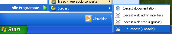 Windows start menu screenshot showing the option to start Icecast